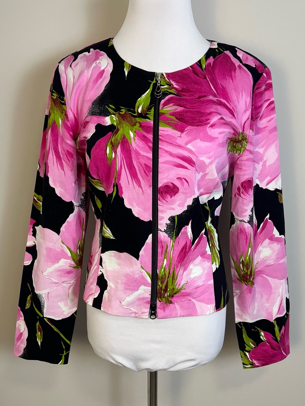 Joseph Ribkoff Black Jacket with Bold Pink Floral Print